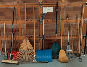 lot 255 image: G - Collection of Lawn and Garden Tools Including Rakes, Shovels, and Brooms