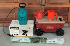 lot 257 image: G - Lawn and Garden Tools Lot Including Spreader, Sprayer, Netting, and Lawn Cart