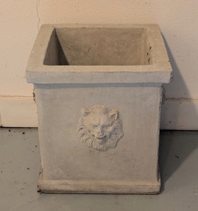lot 260 image: G - Square Cement Planter with Lion Head Relief, 12 Inch
