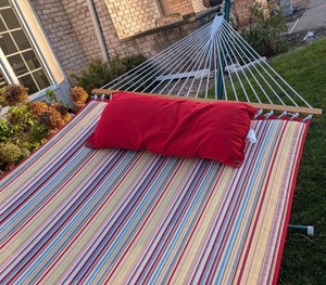 lot 275 image: Y - Hatteras Hammocks Striped Fabric Hammock with Stand and Pillow