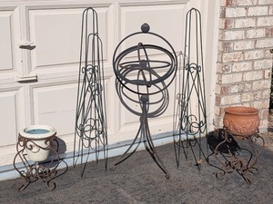 lot 276 image: G - Outdoor Metal Garden Set with Trellises, Armillary, and Planter Stands