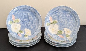 lot 299A image: ML - Set of 8 Blue Porcelain Plates with Embossed Floral Design