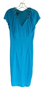 lot 47C image: ST - Escada Blue Short Sleeve Dress with Gold Chain Detail, Size 34
