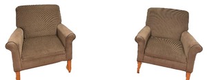 Oversized Upholstered Lounge Chairs, Brown, Qty 2 (Ethan Allen flare arm chairs featuring textured brown upholstery and tapered wood legs)