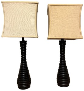 Black Ribbed Table Lamps with Beige Lamp Shades, Qty 2
