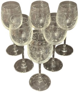 Lucca Etched Glass Crystal Stemmed Wine Glasses - Small - Qty 6  8.25 tall, 2.5D