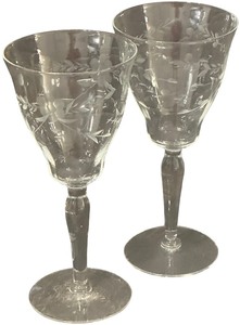 Vintage Etched Floral Wine Glasses - MediumThin - Qty 2  7.75 tall, 3.5D