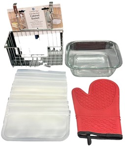 Baking Bundle - Qty 4  Silicon Storage Bags  Heat Proof Oven Mitt  Over the Door Cabinet Basket  Pyrex Baking Glass