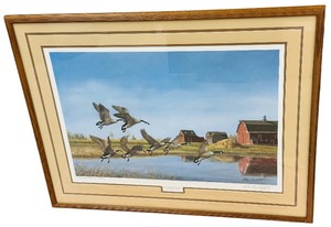Framed Limited Edition Lithograph Titled Fighting the Wind - Canada Geese by artist David A. Maass