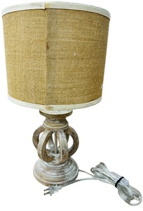 Hobby Lobby Beige Distressed Table Lamp with a Resin Pedestal Base and Beige Trim Shade   L04