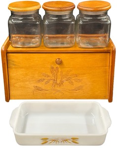 Vintage Wooden Bread Box featuring a Wheat Carving on the Front with Three Square Glass Canisters  Fire-King Golden Wheat Pattern Milk Glass Baking Dish Bundle