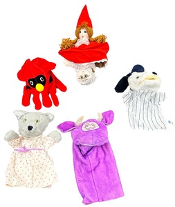 Set of Five Unique, Vintage-Style Plush Hand Puppets -DAKIN Henrietta Pussycat Hand Puppet  1988  Vintage New York Yankees squeaky dog puppet plush  vintage Almas Designs Little Red Riding Hood reversible topsy-turvy doll