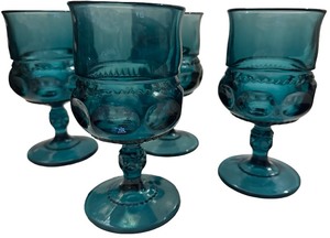 Teal Blue Kings Crown Thumbprint Water Goblets - Qty 4   Tall,  D  TRAY F