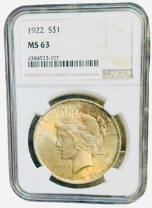 COIN NGC Certified 1922  S$1 MS 63  1922-S Peace Silver Dollar certified by the Numismatic Guaranty Corporation (NGC)