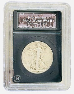 COIN 1945 S Japan Surrenders End of WWII Sept. 2, 1945 Walking Liberty Silver Half Dollar packaged in a special commemorative holder titled Japan Surrenders  End of World War II