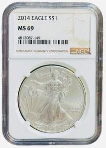 COIN NGC Certified 2014 Eagle S$1 MS 69   2014 American Silver Eagle coin graded MS 69 by the Numismatic Guaranty Corporation (NGC)