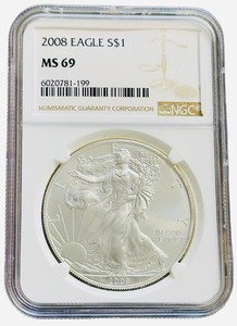 COIN NGC Certified 2008 Eagle S$1 MS 69  2008-W Burnished American Silver Eagle coin certified by NGC as MS-69