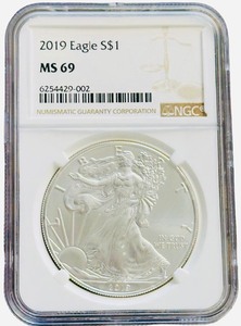 COIN NGC Certified 2019 Eagle S$1 MS 69  Certified 2019 American Silver Eagle dollar coin graded MS69 by NGC