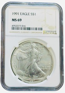 COIN NGC Certified 1991 Eagle S$1 MS 69  1991 American Silver Eagle coin certified as MS69 by the Numismatic Guaranty Corporation (NGC)