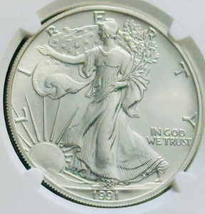 COIN NGC Certified 1991 Eagle S$1 MS 69  1991 American Silver Eagle coin certified as MS69 by the Numismatic Guaranty Corporation (NGC)