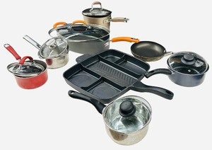 Mixed Stainless Steel Pots with Lids  Non-Stick Pots, Pans and Multi-Section Skillet Bundle