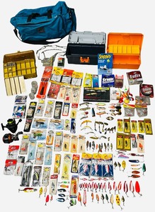 Vintage Fishing Mixed Bundle  MUST SEE PHOTOS ) Lures, Crankbaits, Soft Baits, Bobbers, Cork Lures, Fishing Line, Various Hook packs, Weights, Tackle Boxes and a Tackle Bag for Storage
