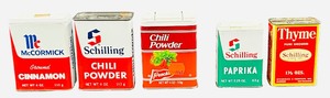 Vintage Seasoning Tins - Qty 5  McCormick Ground Cinnamon  Schillling Chili Powder  Frenchs Chili Powder  Schilling Paprika  Schilling Thyme