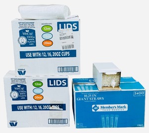 Straws and Lids Bundle  Members Mark 10.25in Giant Straws Individually Wrapped Straws 6 Boxes left in case -1800 Count  Win-Cup White Plastic Lids - use with 12, 16 or 20 Oz Cups - Qty 2 cases