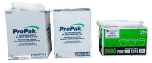 Portion Cups Bundle (B)  (B1) Members Mark 2Oz Portion Cups 250 cups Each Sleeve - Qty 2000 cups  (B2) ProPak 4Oz Plastic Souffle Cups - 1 Case Brand New 2500 Cups  (B3) ProPak 4Oz Plastic Souffle Cups - 1 Case Opened, 2 Sleeves Used, Qty 2250 Cups