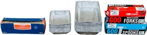 Catering and Serving Bundle (D)  Large Aluminum Serving Tray (27)  Small Aluminum Serving Tray (24)  White Plastic Spoons - almost full  White Plastic Forks - almost full  Food service Film - half way