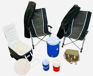 Camping Bundle - 2 Green Chairs with Carrying Case  Black Rolling Cooler  Olive Insulated LunchCooler Bag  Water Jugs  Pizza Stone
