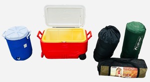 Camping Bundle with ShowerUtility Room  Red Cooler with Wheels  Blue Water  Cooler with Spigot  2 Sleeping MatsPads