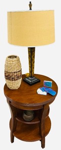 Solid Oak End Table with Yellow Tall Lamp and Home Decor Bundle