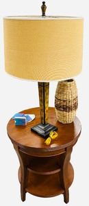 Solid Oak End Table with Yellow Tall Lamp and Home Decor Bundle