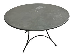 Vintage Round Wrought Iron Patio Dining Table, featuring a Grey Powder-Coated Finish and a Perforated Top Design