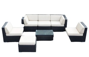 7-Piece Outdoor Furniture Set, BeigeBlack Wicker  BRAND NEW IN BOX  3 Seat Sofa, 2 Chairs, Table and Ottoman
