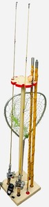 Vintage Fishing Bundle - Bamboo Fishing Rod  Fishing Net  Tackle Box with Lures and Accessories  Vintage Fishing Pole Stand with Paul Bunyan Reels
