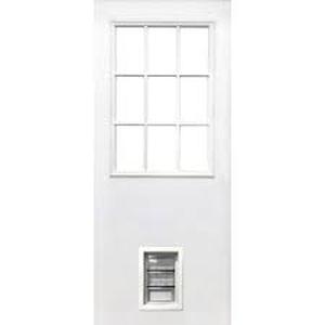 lot 11 image: Steves & Sons 31-34 in. x 79 in. Reliant Series Clear 9-Lite White Primed Fiberglass Front Door Slab with Medium Pet Door   Customer Returns See Pictures