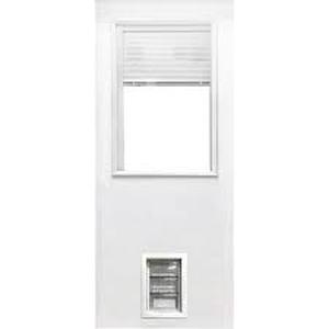 lot 29 image: Steves & Sons 31-34 in. x 79 in. Reliant Series Clear 12-Lite Mini-Blind White Primed Fiberglass Front Door Slab w Medium Pet Door   Customer Returns See Pictures
