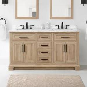 lot 31 image: Doveton 60 in. Weathered Tan Double Sink Vanity with White Marble Top  Customer Returns See Pictures