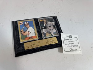 lot 63 image: The IRON MEN Plaque Cal Ripkin Jr., and Lou Gehrig. 2 Mounted Cards