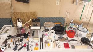 Large Kitchenware Collection Including Utensils, Bakeware, and Small Appliances