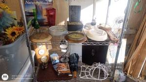 lot 10 image: Assorted Home Decor and Clock Lot with Wall Art, Umbrella, and Miscellaneous Items