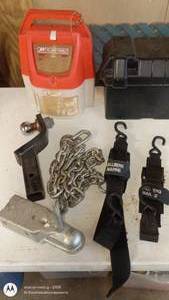 lot 12 image: Trailer Accessory Lot with Battery Box, Marine Straps, Hitch, and Chains