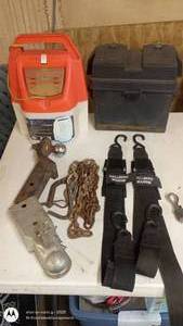 lot 11 image: Trailer Towing Accessories Bundle with Chains, Hitches, and Mallberg Marine Straps