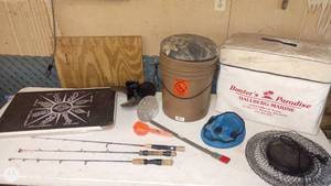 lot 14 image: Fishing and Boating Gear Collection with Rods, Nets, Bucket, and Cooler