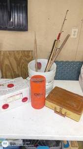 lot 16 image: Vintage Fishing Gear Collection with Rods, Tackle Box, and Magic Worm Farm