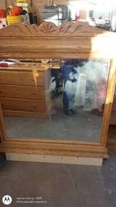 lot 31 image: Wood Grain Bedroom Furniture Set with Cabinets, Shelves, and Mirror