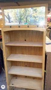 lot 34 image: Wooden Bookshelf with Mirror and Coat Hooks