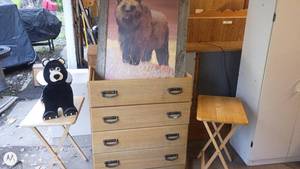 lot 36 image: Group of Oak Dresser, Framed Bear Artwork, Plush Bear, and 2 Folding Tables